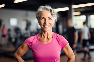 Portrait of a determined mature woman doing body pump exercises in a gym. With generative AI technology