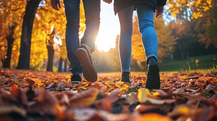 A snapshot of a youthful couple strolling in a park during the fall season.