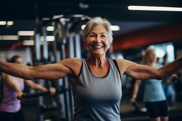 Fototapeta na wymiar Portrait of an energetic old woman doing body pump exercises in a gym. With generative AI technology