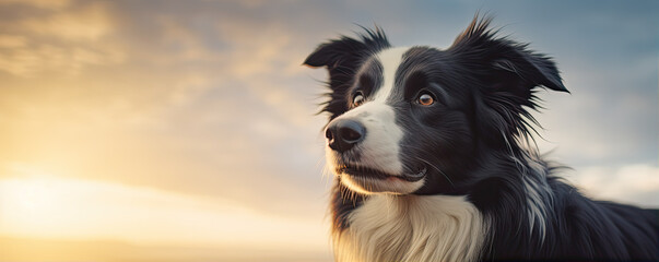 Border collie against dramatic sunset light. Dog wide banner. copy space for text