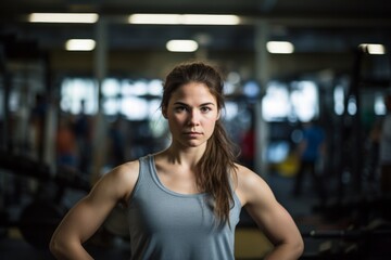 Fototapeta premium Portrait of a drained girl in her 30s doing bars in a gym. With generative AI technology
