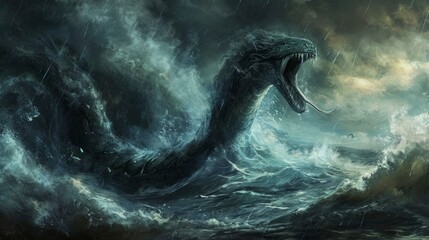 great biblical sea monster leviathan rising from the sea with big waves