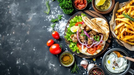 Traditional greek gyros with meat, vegetables and sauce on black background