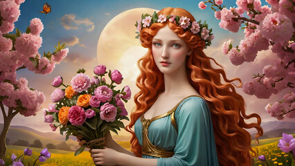A beautiful painting depicting a woman gracefully holding a vibrant bouquet of flowers.