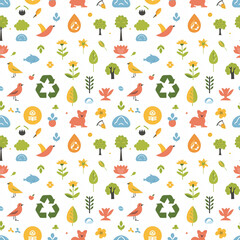 Naklejka premium Environmental conservation symbols seamless pattern. Gift wrapping, wallpaper, background. World Environment Day