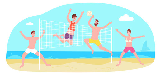 Happy people play volleyball. Young joyful men and women