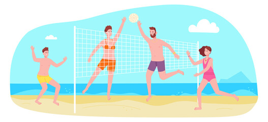 Fototapeta premium Family playing volleyball on beach. Summer fun activity