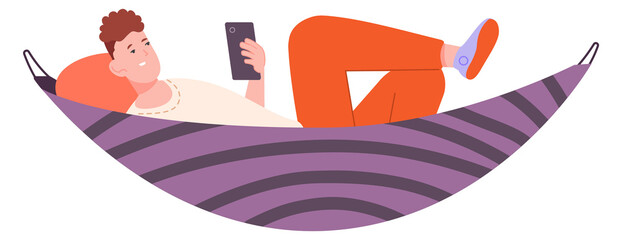 Guy swing in hammock with smartphone. Summer relaxation