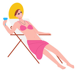 Happy young woman drink cocktail in beach deckchair