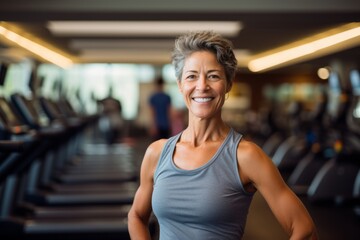 Fototapeta premium Portrait of an inspired mature woman doing bars in a gym. With generative AI technology