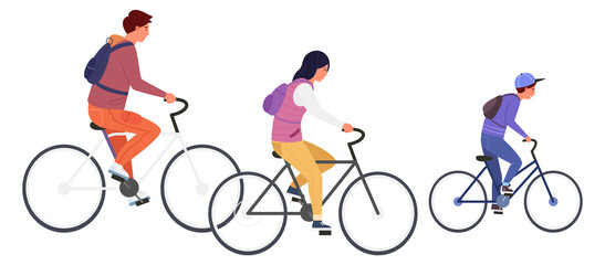 Obraz premium Kids riding bicycles. Happy teenage boys and girls