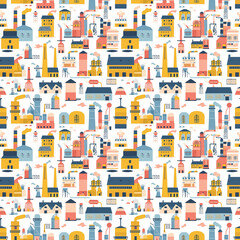 Factory scenes seamless pattern. Gift wrapping, wallpaper, background. Labor Day