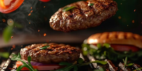 Realistic 3D burgers falling in the air, featuring grilled meat and a variety of toppings in a detailed photo composition. - obrazy, fototapety, plakaty