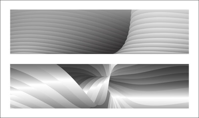 Monochrome cover design, abstract background. Wavy silver parallel gradient lines, ribbons, silk. Set of 2 backgrounds. Black and white with shades of gray banner, poster. eps vector
