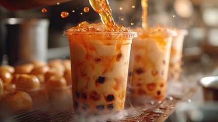 the bubble tea is being poured into cups, milk tea, asian beverage, colorful beverage, cold drink, taiwanese beverage, boba tea