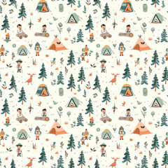 Scout camping scenes seamless pattern. Gift wrapping, wallpaper, background. National Boy Scout Day