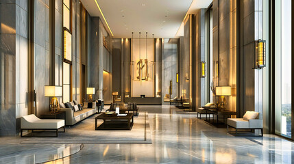 Elegant Hospitality: Luxurious Hotel Lobby Interior, Combining Modern Design with Stylish Furniture