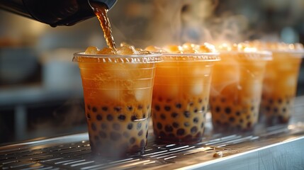 the bubble tea is being poured into glass cups, milk tea, asian beverage, colorful beverage, tea house, cold drink, taiwanese beverage, boba tea