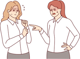 Rude woman manager makes reprimand subordinate, scolding due lack of subordination and mistakes in carrying out assignments. Girl gets reprimand from boss after being late or not following order