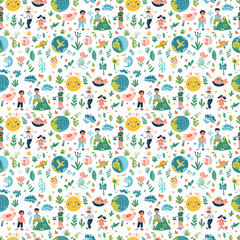 Earth Day activities seamless pattern. Gift wrapping, wallpaper, background. World Environment Day