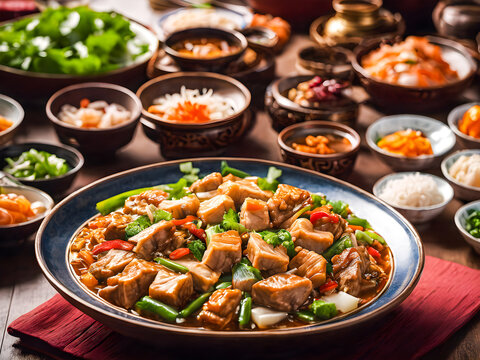 Chinese cuisine, Stir-fried pork with vegetables and rice in bowl