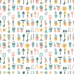 Gardening tools seamless pattern. Gift wrapping, wallpaper, background. Arbor Day