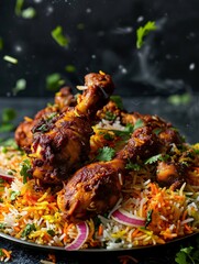Spicy Indian chicken biryani captured in a stunning food photo against a black backdrop. - obrazy, fototapety, plakaty