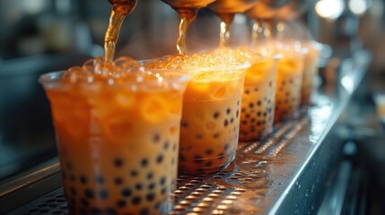 the bubble tea is being poured into glass cups, taiwanese beverage