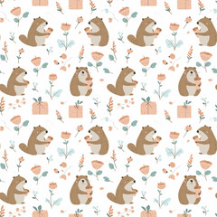 Obraz na płótnie Canvas Groundhog Day festivities seamless pattern. Gift wrapping, wallpaper, background. Groundhog Day
