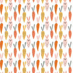 Carrots with bunny ears seamless pattern. Gift wrapping, wallpaper, background. Easter