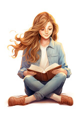 Teen girl sitting on floor reading a book, watercolor illustration