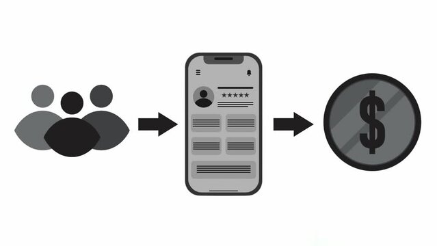 Animated Infographic Footage visualizing Monetize Content with people as viewers, smartphones, and money.
