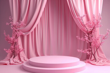 Background image for promotional product placement There was a curtain around the scene. and has a base for placing the main product in the middle And the whole scene is pastel pink. 3D Scene. 
