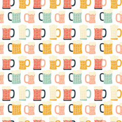 Beer mugs seamless pattern. Gift wrapping, wallpaper, background. Oktoberfest