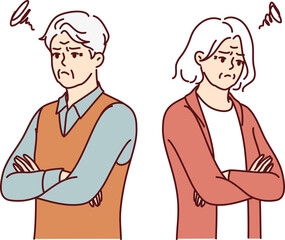 Quarreled seniors look in different directions due to differences or dissimilar interests. Quarreled old man and woman need counseling from family psychologist to restore relationship