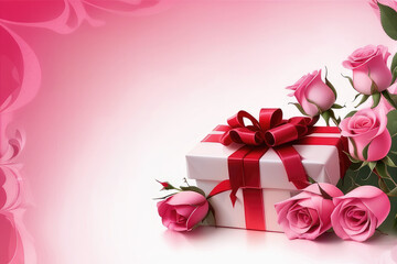 Background with roses pink colour and a gift with red ribbon