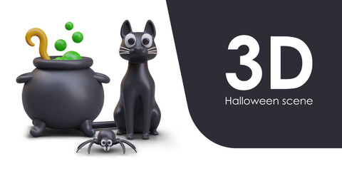 Composition with black vat with toxic potion in green color, cute cat, and little dangerous spider. Concept of Halloween scene. Vector illustration in 3d style with place for text