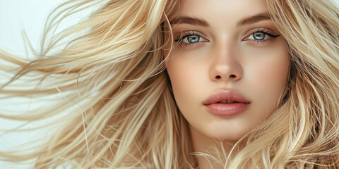 Naklejka premium Close-up of Blonde Woman with Voluminous long Hair on white background. A detailed portrait of a young blonde with flowing hair and striking eyes.