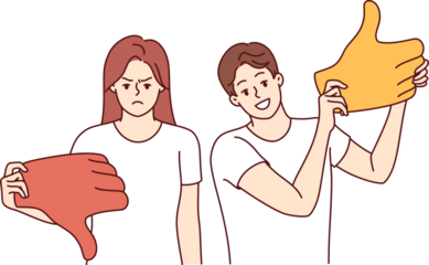 Couple with opposing opinions give different ratings to product or service, and demonstrate thumbs up and thumbs down. Opposing mood of man with wide smile and sad woman who became users of website