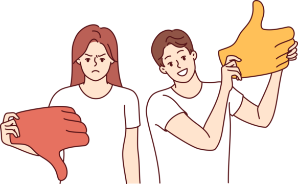 Couple with opposing opinions give different ratings to product or service, and demonstrate thumbs up and thumbs down. Opposing mood of man with wide smile and sad woman who became users of website
