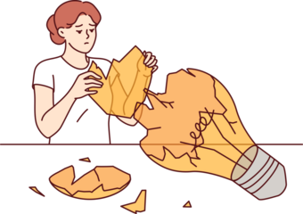 Broken light bulb near upset woman, as metaphor for destroyed idea and collapse of plans. Young Girl is trying to restore broken lightbulb, symbolizing idea that failed due to failure.