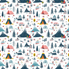 Outdoor adventure scenes seamless pattern. Gift wrapping, wallpaper, background. National Boy Scout Day - obrazy, fototapety, plakaty