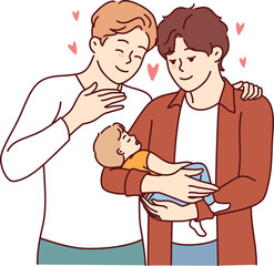 Gay couple of two men holds child in hands and smiles, rejoicing at presence of law giving right to adopt children. Gay family admires sleeping baby, for concept of parenthood for LGBT people