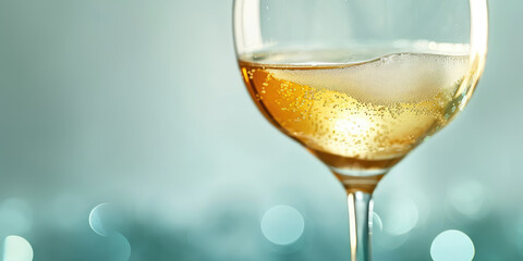 Close-up of Sparkling White Wine in Glass, flatlay,  copy space. Macro shot of effervescent wine in a stemmed glass against a simple background.