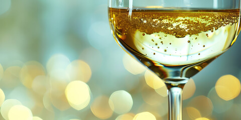 Close-up of Sparkling White Wine in Glass, copy space. Macro shot of effervescent wine in a stemmed...