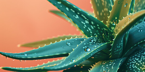 Dewy Aloe Vera Close-up with copy space. Macro shot of fresh aloe vera leaves with water droplets.