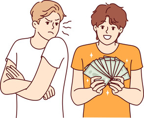 Man is jealous of rich friend showing off money bills earned in business or won in casino. Rich guy...
