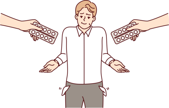Poor man cannot buy medications and shows empty pockets, standing among hands with blisters of pills. Guy does not have money to purchase antibiotics and medications to treat or prevent disease