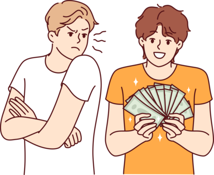 Man is jealous of rich friend showing off money bills earned in business or won in casino. Rich guy does not pay attention to poor person experiencing discomfort due to social inequality