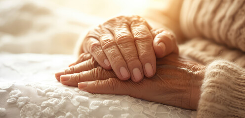 Gentle Hands Holding in Palliative Care. Elderly and caregiver hands in a comforting embrace on a cloth. - obrazy, fototapety, plakaty